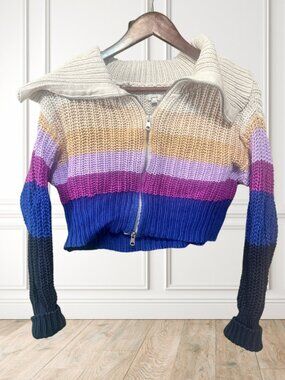 Aerie Chunky Knit Striped Cropped Zip Sweater XS